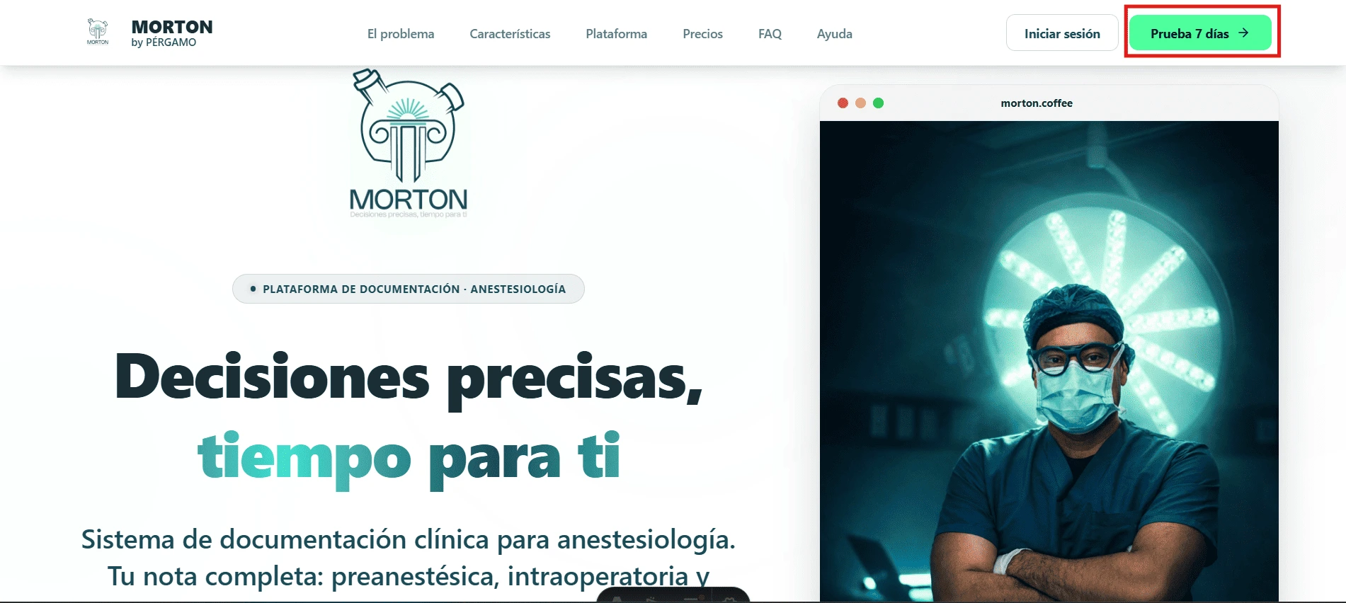 Landing de morton.coffee con el botón Prueba 7 días resaltado