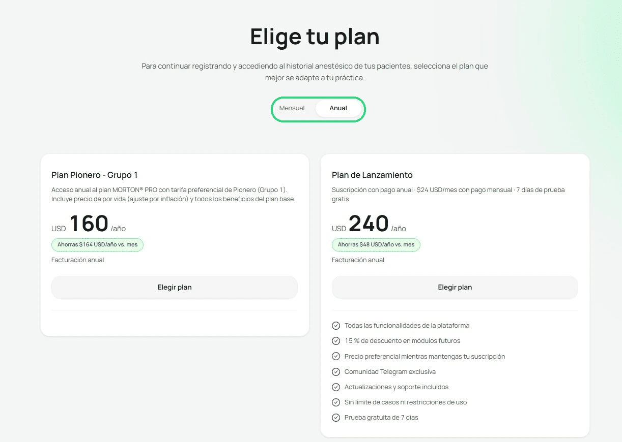Pantalla Elige tu plan con el selector Mensual/Anual resaltado