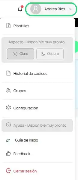 Menú de usuario abierto con el nombre resaltado
