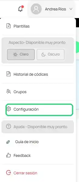Menú con la opción Configuración resaltada