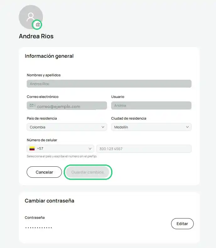Pantalla Perfil con el botón Guardar cambios resaltado