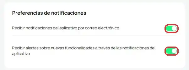 Sección Notificaciones con los interruptores resaltados
