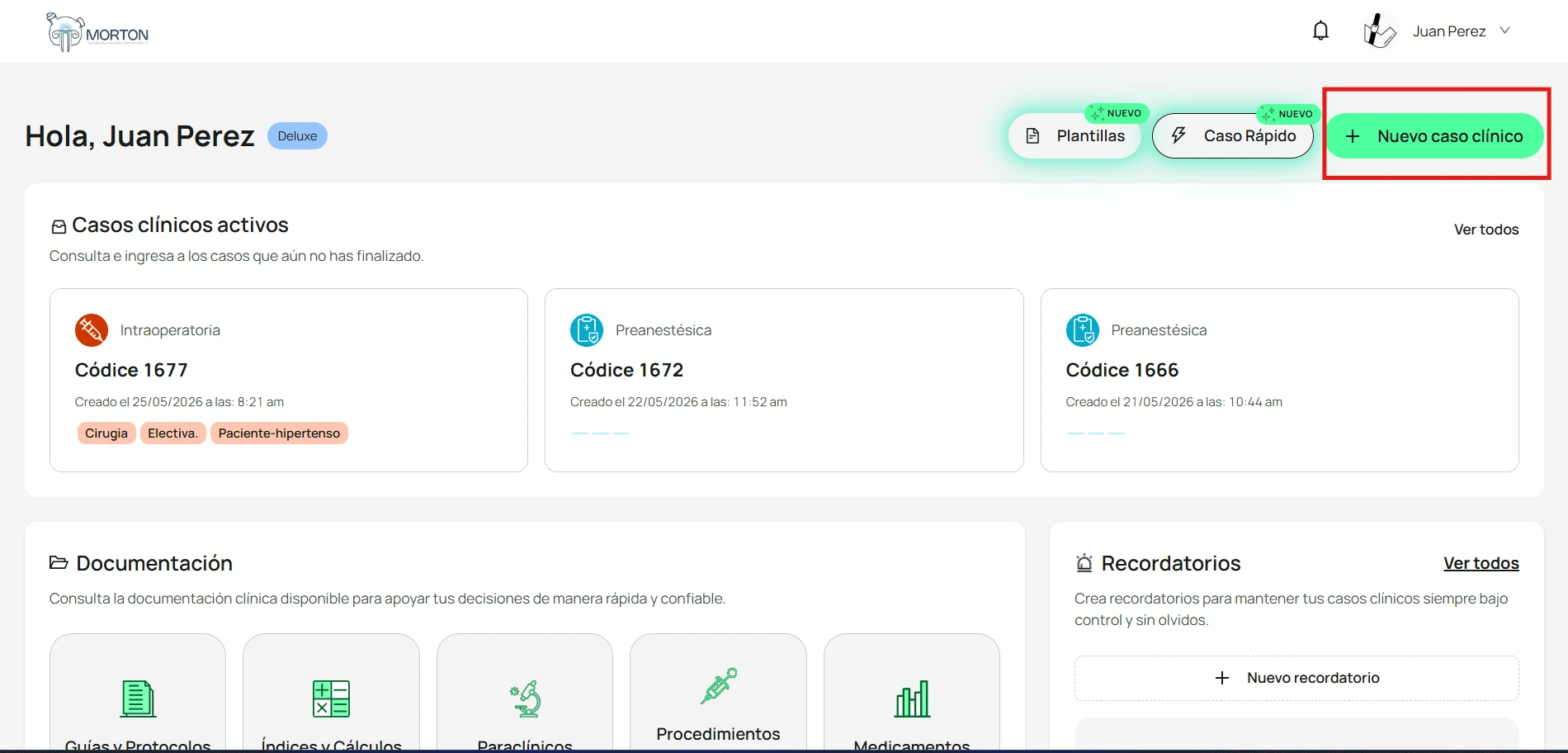 Botón Nuevo caso clínico resaltado en el dashboard