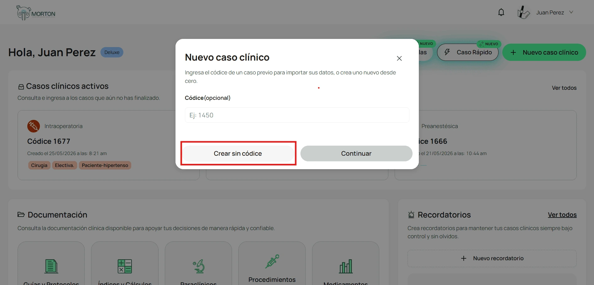 Botón Crear sin códice resaltado en la ventana Nuevo caso clínico