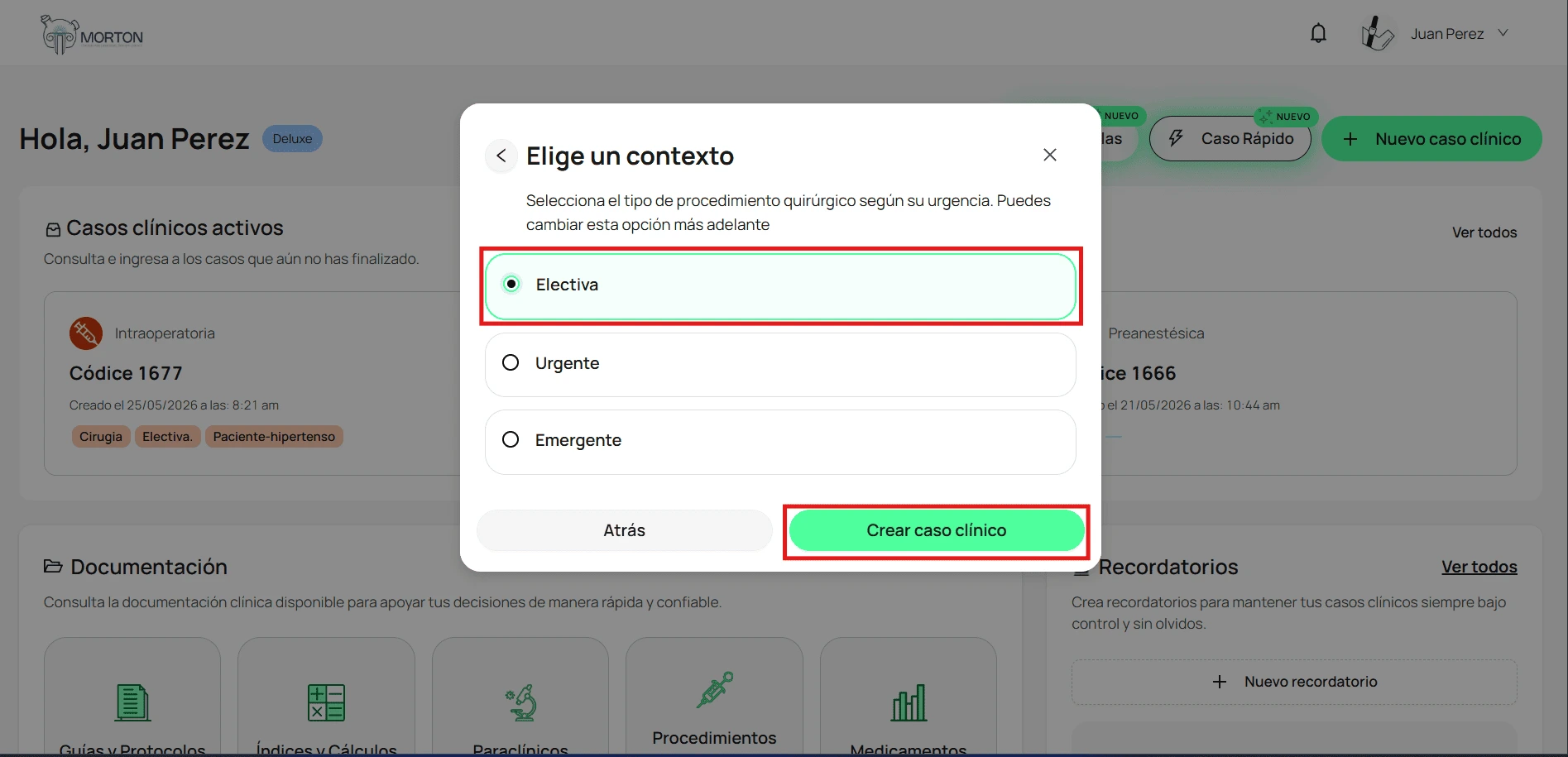 Botón Crear caso clínico resaltado en la pantalla Elige un contexto