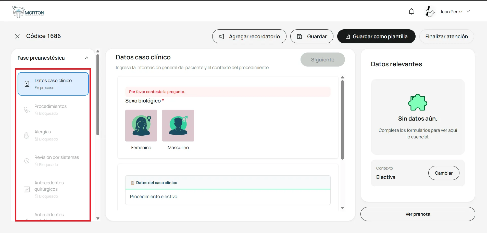 Editor del códice con la sección Datos caso clínico resaltada