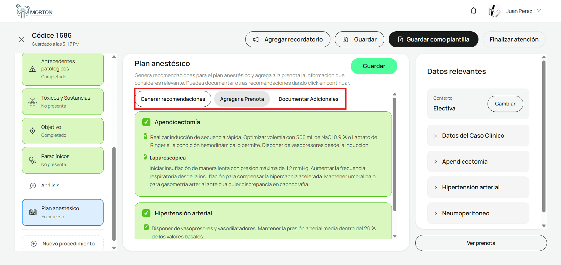Sección Plan anestésico con el botón Generar recomendaciones resaltado
