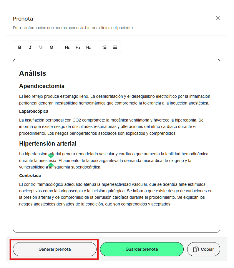 Panel Prenota con el botón Generar prenota resaltado