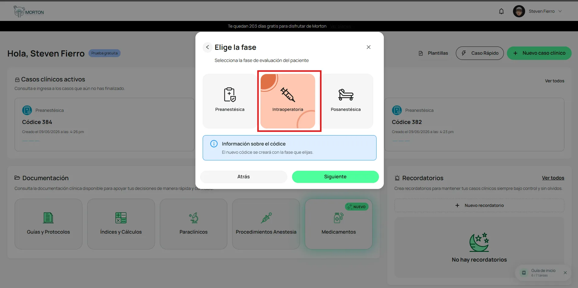 Tarjeta Intraoperatoria seleccionada en la pantalla Elige la fase