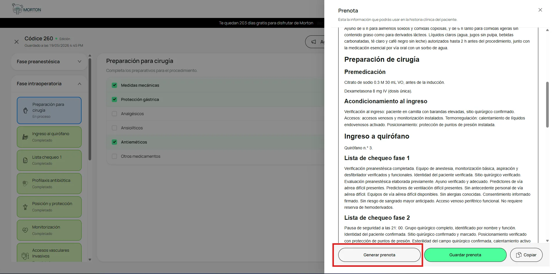 Botón Generar prenota resaltado en el editor de la prenota