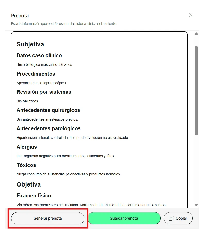 Panel Prenota con el botón Generar prenota resaltado