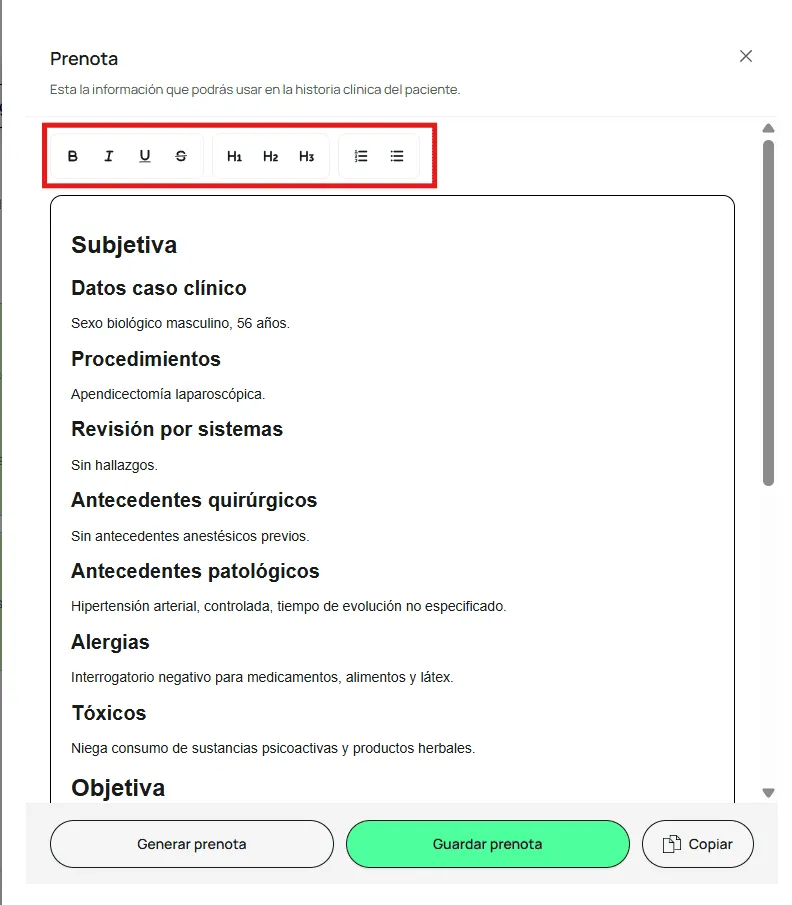 Barra de herramientas de formato de la prenota