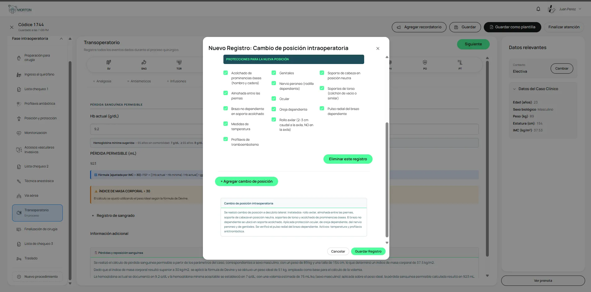 Modal de cambio de posición con las protecciones estándar preseleccionadas y la nota generada
