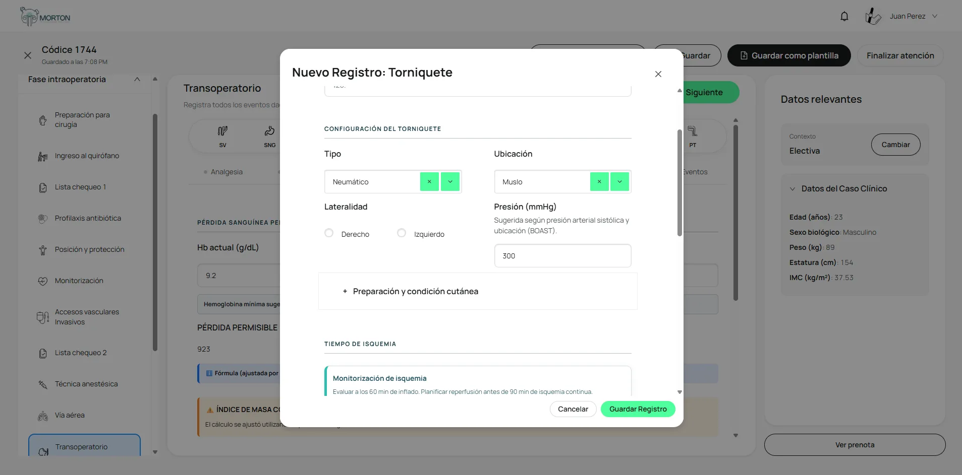 Modal Nuevo Registro de torniquete con tipo, ubicación, presión y monitorización de isquemia