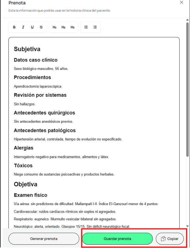 Botones Guardar prenota y Copiar en la esquina inferior derecha del editor