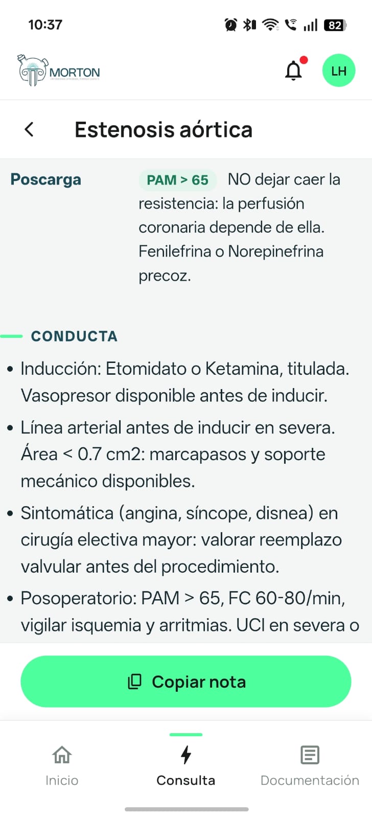 Morton QRef — conducta anestésica y botón Copiar nota