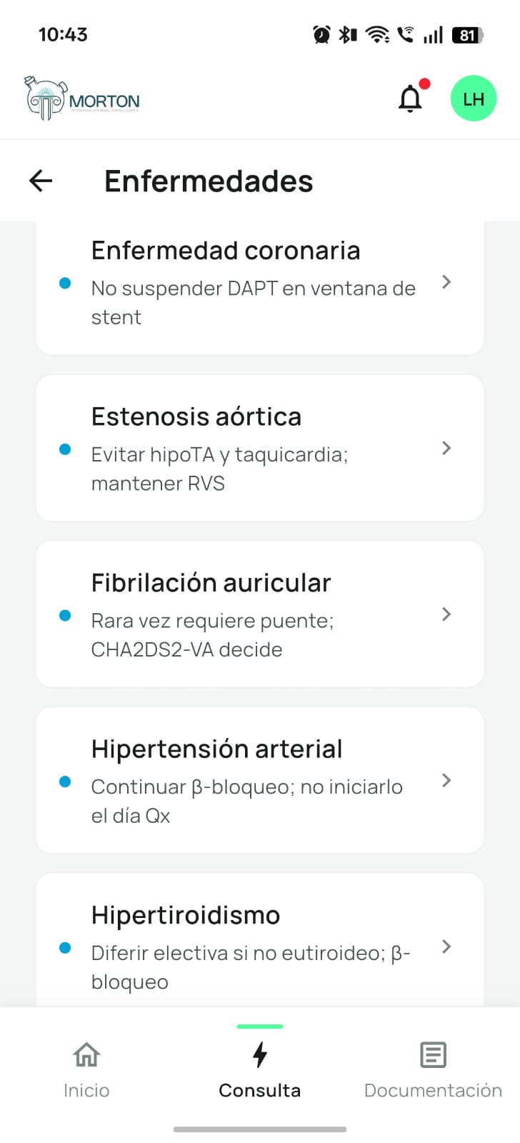 Morton QRef — listado de enfermedades con la consideración clave de cada una