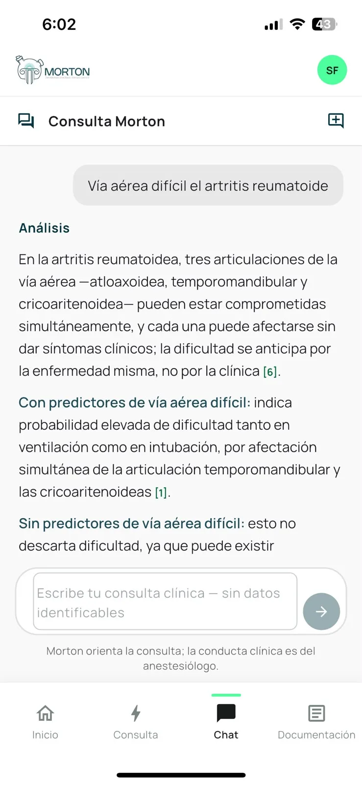 Morton QRef — clinical chat answering about difficult airway in rheumatoid arthritis, with numbered citations